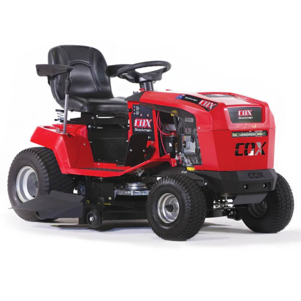Red riding lawn mower with black seat on a white background