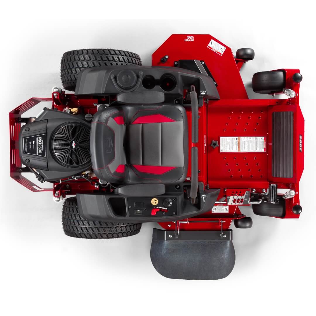 Red and black lawn mower on a white background