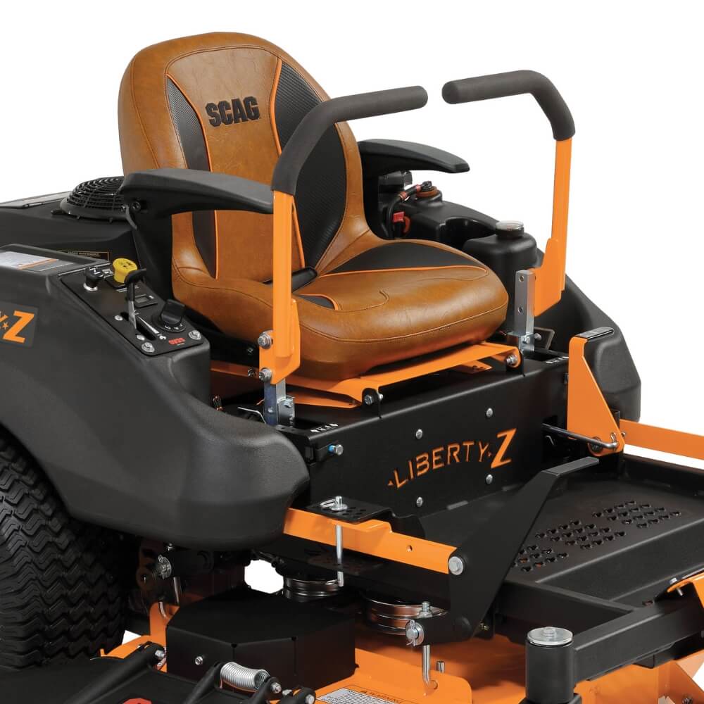 Scag Liberty Z riding lawn mower with brown seat and orange accents on a white background