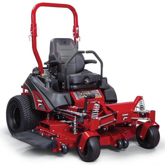 Red and black zero-turn lawn mower on a white background