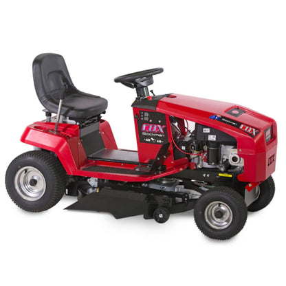 The red Cox Stockman ride on mower seen from the side on white background.