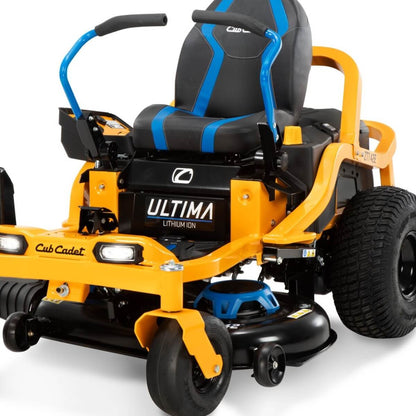 Yellow Cub Cadet Ultima lithium-ion battery powered electric riding lawn mower on a white background shown from a front right angle.