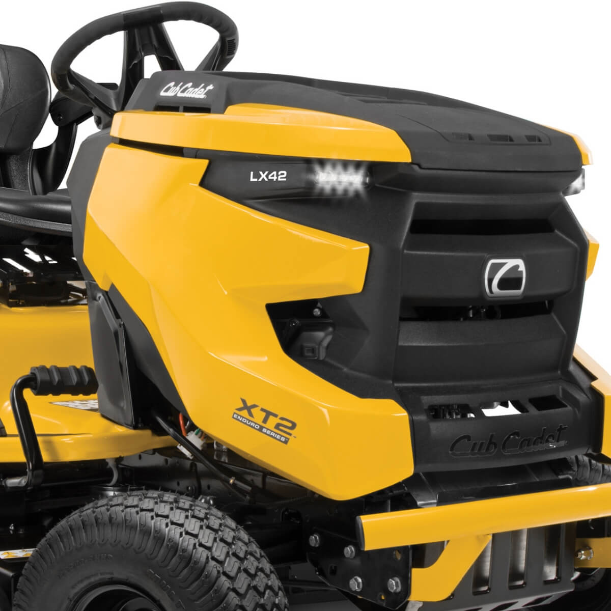 Steering wheel and front of ride on mower