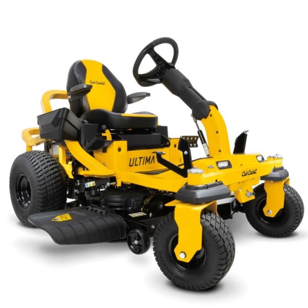 Yellow riding lawn mower with 'Ultima' branding on a white background