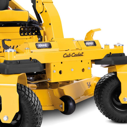 Front close view of a powerful ride on mower.