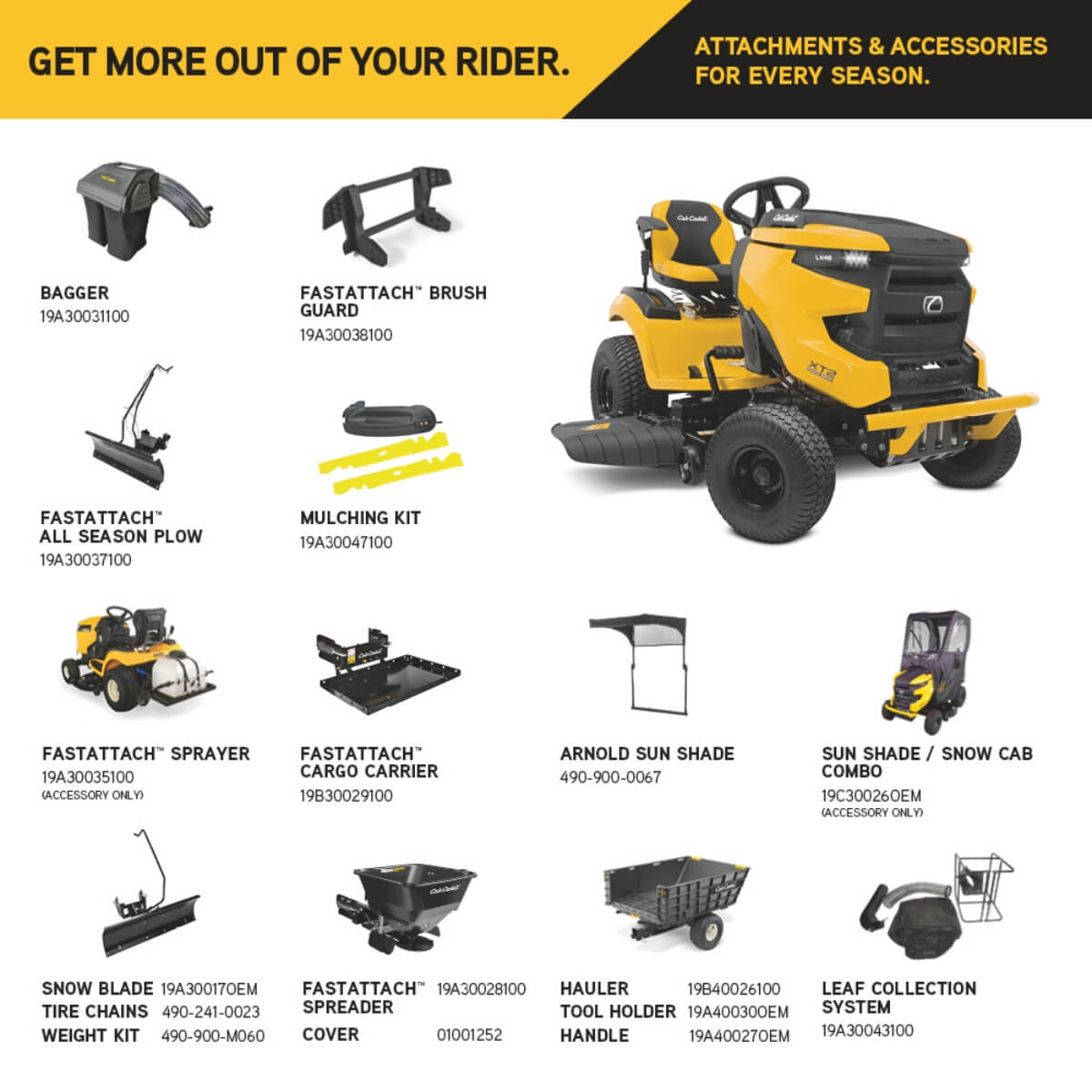 XT2 Cub Cadet ride on lawn mower with various attachments and accessories on a white background