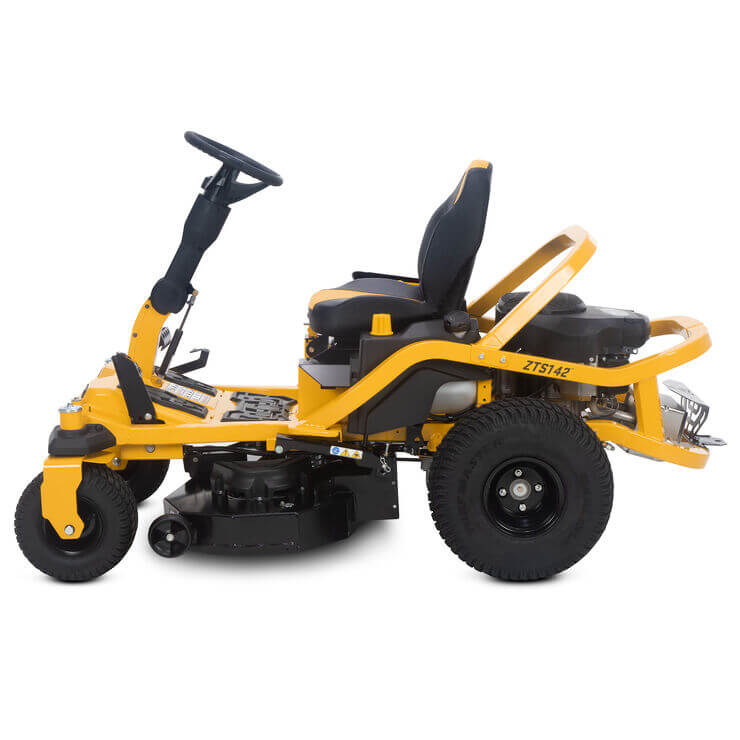 Yellow and black zero-turn lawn mower on a white background