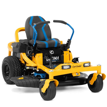 Yellow and black zero-turn lawn mower on a white background