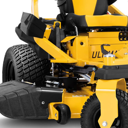 Side view showing the tire tread, anti scalp wheels and seat of this new ride on mower.