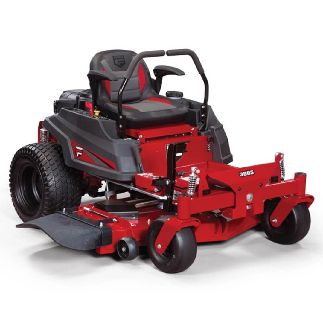 Red and black riding lawn mower on a white background