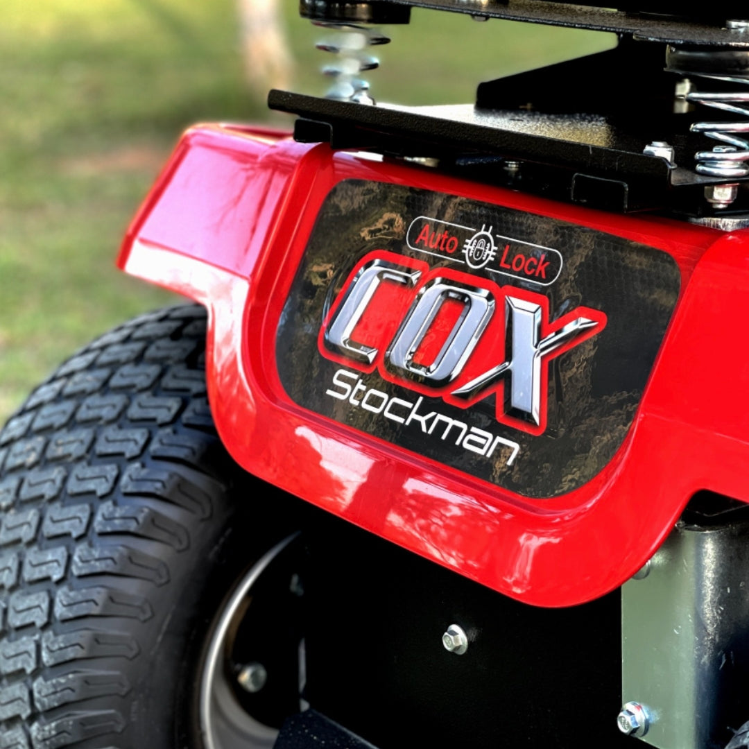 photo of the rear of a Cox Stockman ride on mower