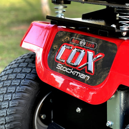 photo of the rear of a Cox Stockman ride on mower