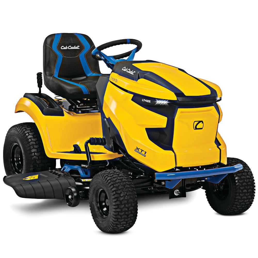 Yellow and black Cub Cadet lawn tractor on a white background