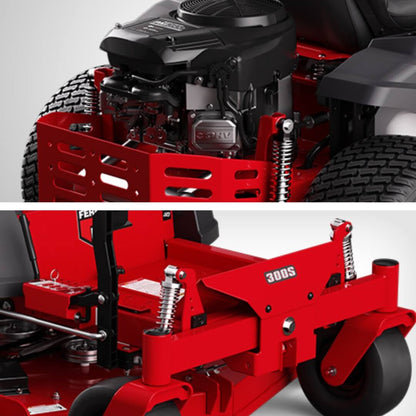 Close-up of a red lawn mower with engine and cutting deck on a gray background