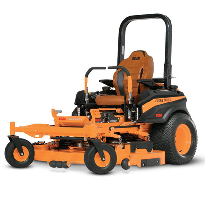Cheetah SCAG and black zero-turn lawn mower on a white background