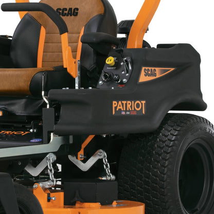 Close-up of a SCAG Patriot lawn mower with visible branding.