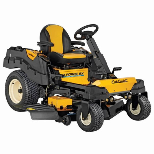 Yellow and black Cub Cadet riding lawn mower on a white background