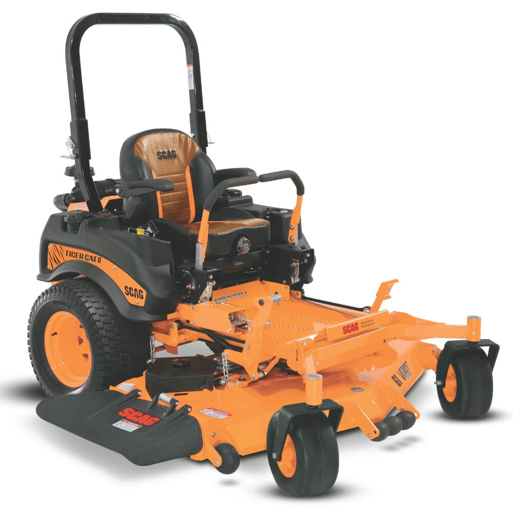 Orange and black zero-turn lawn mower on a white background