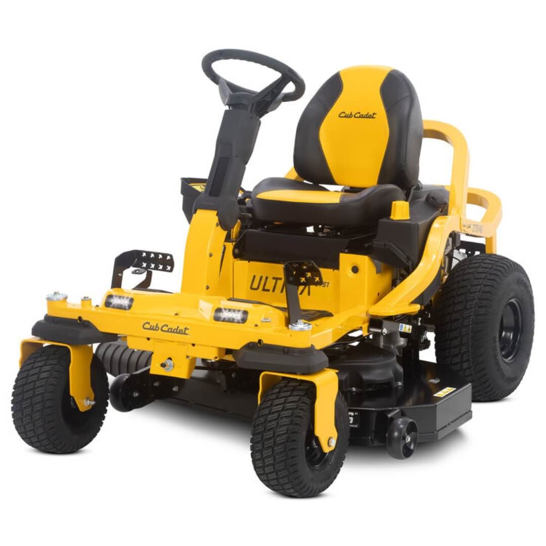Yellow and black Cub Cadet zero-turn lawn mower on a white background
