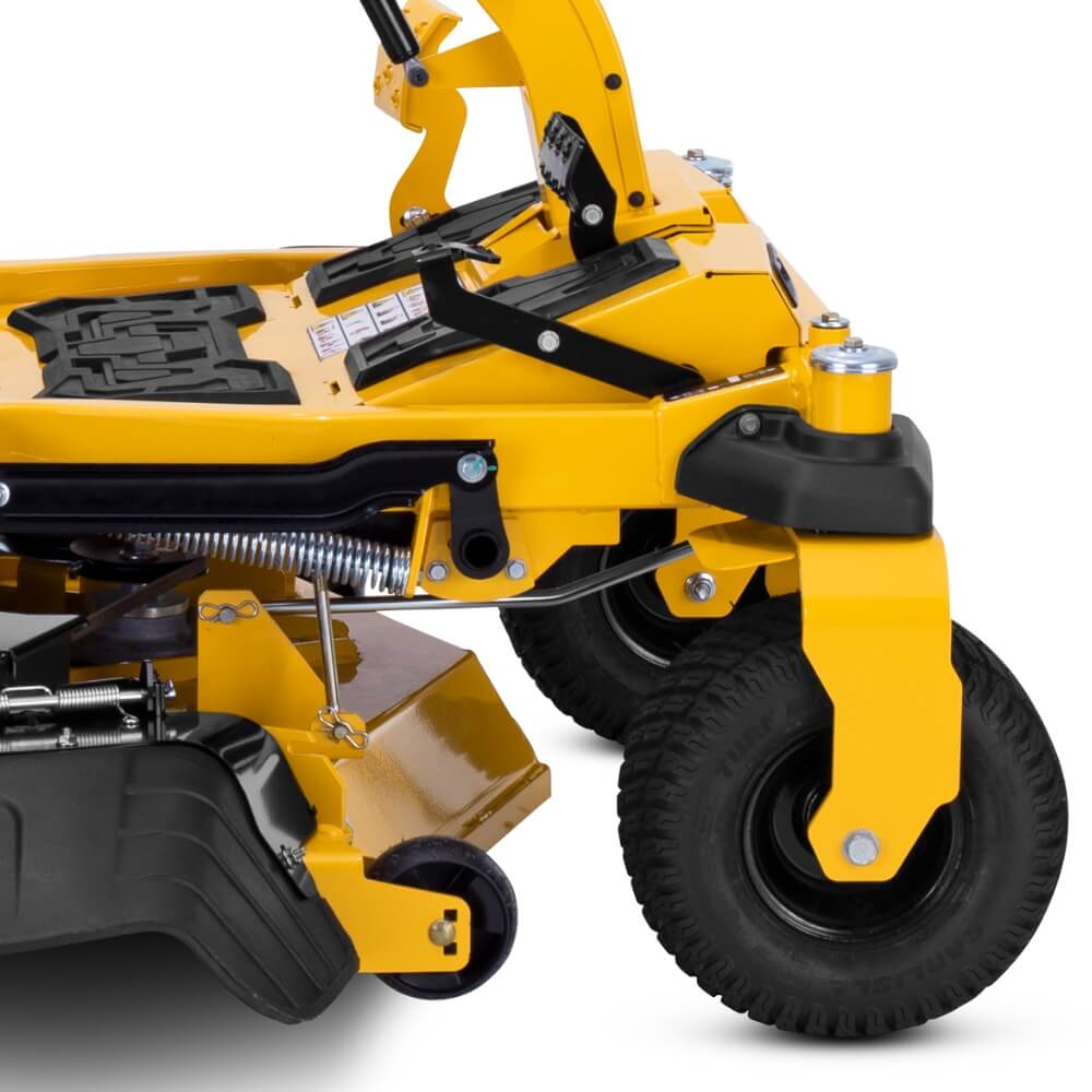 Close-up of a Cub Cadet ZTX S4 yellow ride on lawn mower with black wheels on a white background