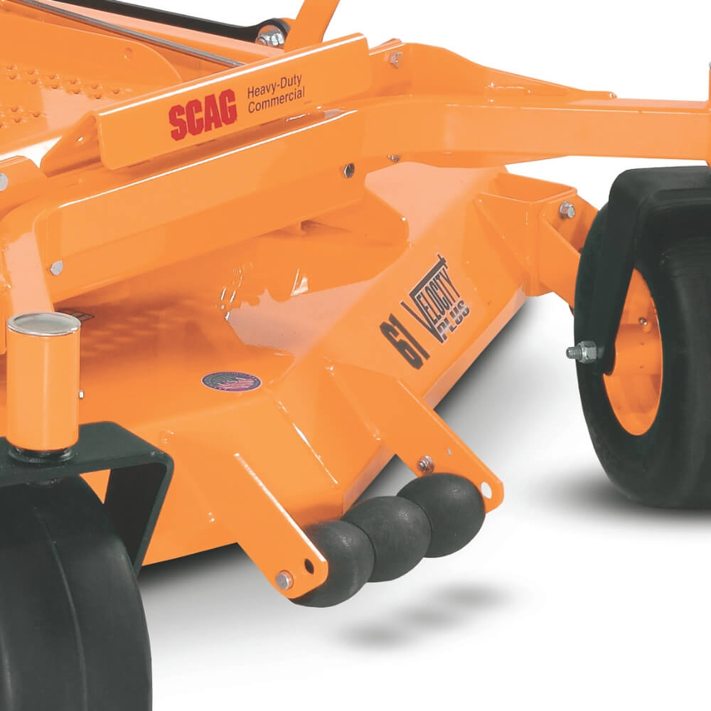 Close-up of an orange SCAG lawn mower on a white background