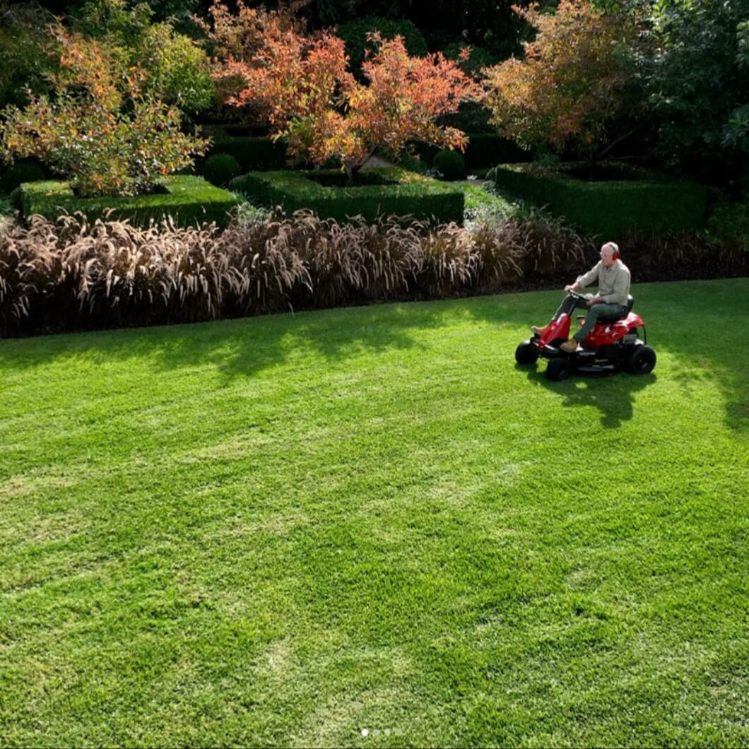 Man riding a small red vehicle on a grassy lawn with trees and shrubs in the background
