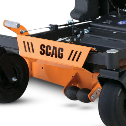 Close-up of an orange SCAG lawn mower attachment on a white background