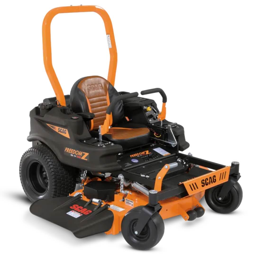 Orange and black SCAG zero-turn lawn mower on a white background