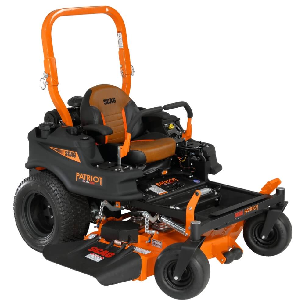 Orange and black SCAG Patriot zero-turn lawn mower on a white background