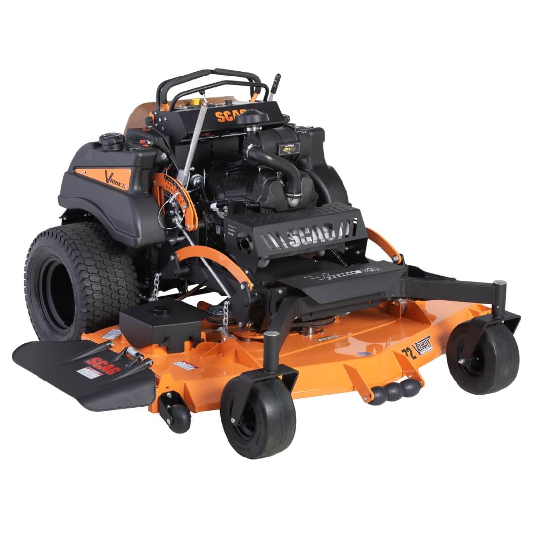 Orange and black zero-turn lawn mower on a white background