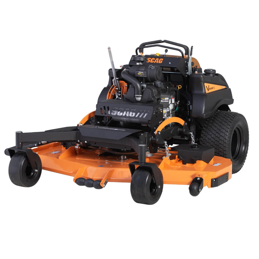 Product shot of a standing mower showing the engine, front wheels, cutting deck and large rear tires.