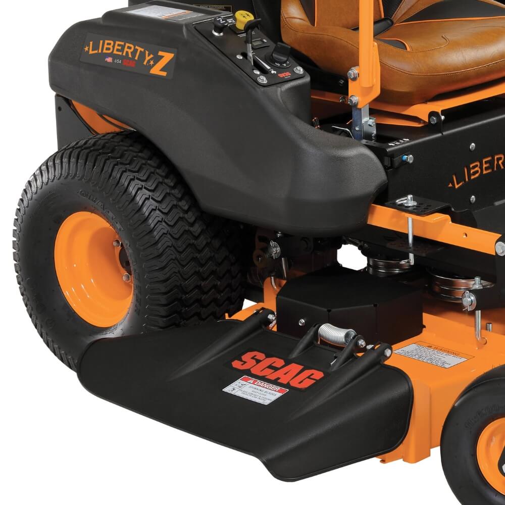 Orange and black riding lawn mower with 'Liberty Z' and 'Scag' branding on a white background