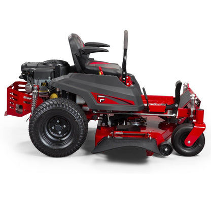 Red and black riding lawn mower on a white background