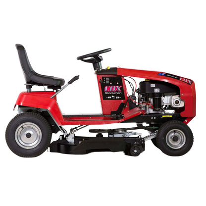 Photograph showing the side of the Cox Stockman ride on mower on white background.