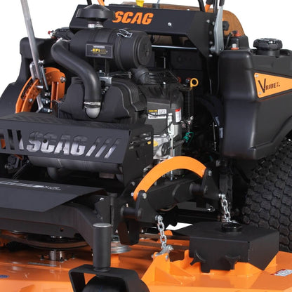 Close up view of a standing mower.