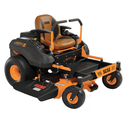 Orange and black SCAG riding lawn mower on a white background
